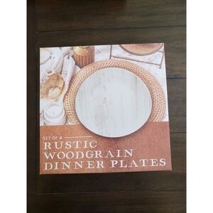 New in Box Set of 4 Rustic Wood Grain Dinner Plates & New Box of 4 Salad Plates
